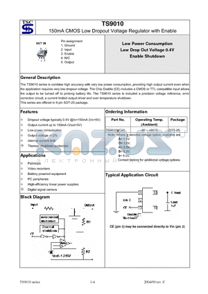 TS9010SCX5 datasheet - 150mA CMOS Low Dropout Voltage Regulator with Enable