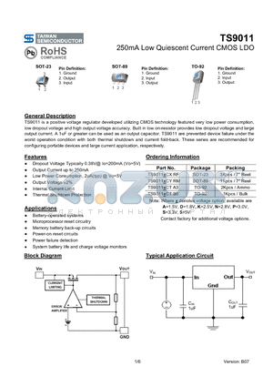 TS9011 datasheet - 250mA Low Quiescent Current CMOS LDO