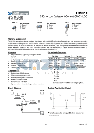 TS9011CTB0 datasheet - 250mA Low Quiescent Current CMOS LDO