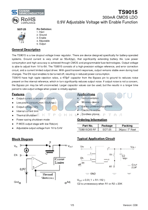 TS9015CX5RF datasheet - 300mA CMOS LDO 0.9V Adjustable Voltage with Enable Function