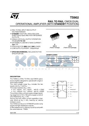 TS902 datasheet - RAIL TO RAIL CMOS DUAL OPERATIONAL AMPLIFIER WITH STANDBY POSITION