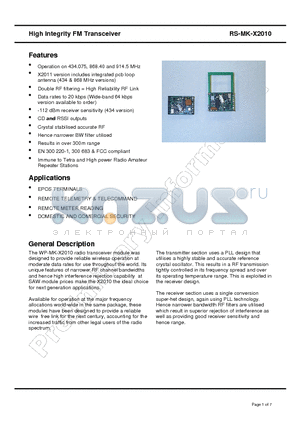 WP-MK-X2010-868 datasheet - High Integrity FM Transceiver