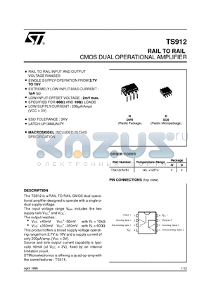 TS912AI datasheet - RAIL TO RAIL CMOS DUAL OPERATIONAL AMPLIFIER