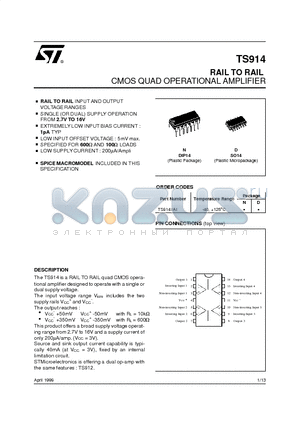 TS914A datasheet - RAIL TO RAIL CMOS QUAD OPERATIONAL AMPLIFIER