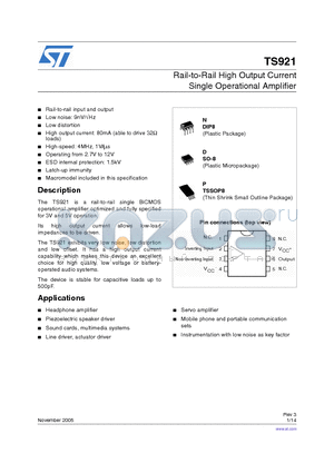 TS921IYD/IYDT datasheet - Rail-to-Rail High Output Current Single Operational Amplifier