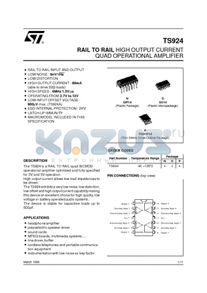 TS924 datasheet - RAIL TO RAIL HIGH OUTPUT CURRENT QUAD OPERATIONAL AMPLIFIER
