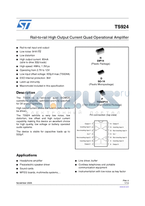 TS924AIPT datasheet - Rail-to-rail High Output Current Quad Operational Amplifier