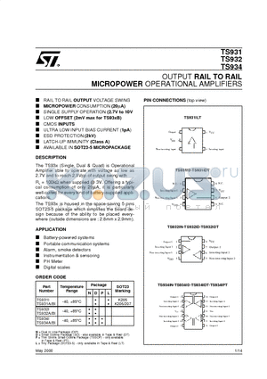 TS931IDT datasheet - OUTPUT RAIL TO RAIL MICROPOWER OPERATIONAL AMPLIFIERS