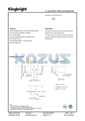 WP130WDT-GYW datasheet - T-1 (3mm) RIGHT ANGLE LED INDICATOR