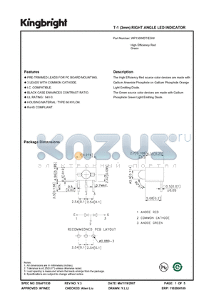 WP130WDT/EGW datasheet - T-1 (3mm) RIGHT ANGLE LED INDICATOR