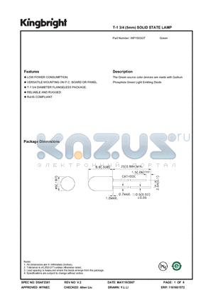 WP1503GT datasheet - T-1 3/4 (5mm) SOLID STATE LAMP Green