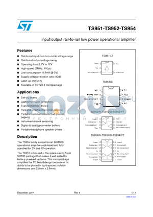 TS951IN datasheet - Input/output rail-to-rail low power operational amplifier