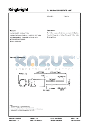 WP1513YC datasheet - T-1 3/4 (5mm) SOLID STATE LAMP YELLOW