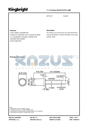 WP1513YT datasheet - T-1 3/4 (5mm) SOLID STATE LAMP YELLOW