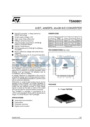 TSA0801 datasheet - 8-BIT, 40MSPS, 40mW A/D CONVERTER