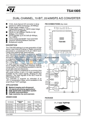 TSA1005 datasheet - DUAL-CHANNEL, 10-BIT, 20/40MSPS A/D CONVERTER