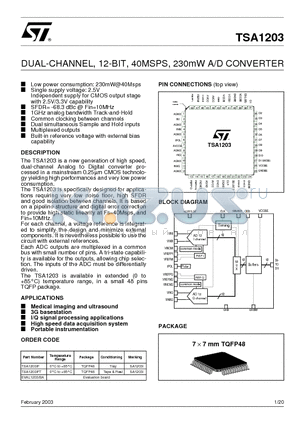 TSA1203 datasheet - DUAL-CHANNEL, 12-BIT, 40MSPS, 230mW A/D CONVERTER