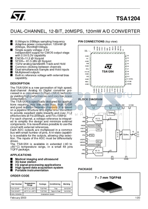 TSA1204IF datasheet - DUAL-CHANNEL, 12-BIT, 20MSPS, 120mW A/D CONVERTER