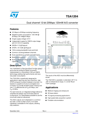 TSA1204IFT-E datasheet - Dual channel 12-bit 20Msps 120mW A/D converter