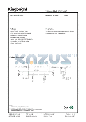 WP3A8GD datasheet - T-1 (3mm) SOLID STATE LAMP