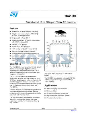 TSA1204_06 datasheet - Dual channel 12-bit 20Msps 120mW A/D converter