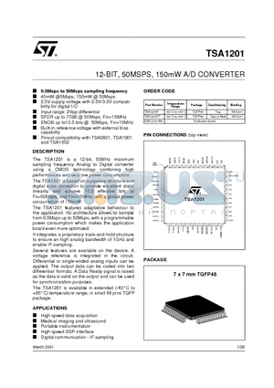 TSA1201 datasheet - 12-BIT, 50MSPS, 150mW A/D CONVERTER