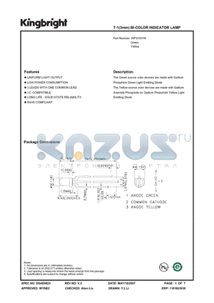 WP3VGYW datasheet - T-1(3mm) BI-COLOR INDICATOR LAMP