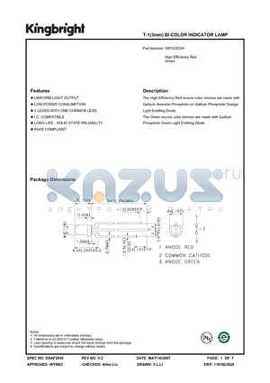 WP3VEGW datasheet - T-1(3mm) BI-COLOR INDICATOR LAMP