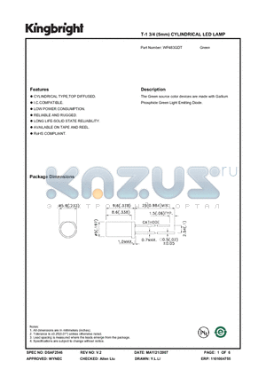 WP483GDT datasheet - T-1 3/4 (5mm) CYLINDRICAL LED LAMP