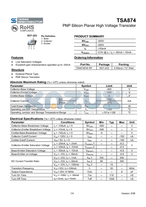 TSA874_10 datasheet - PNP Silicon Planar High Voltage Transistor