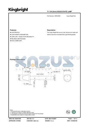 WP63SRD datasheet - T-1 3/4 (5mm) SOLID STATE LAMP