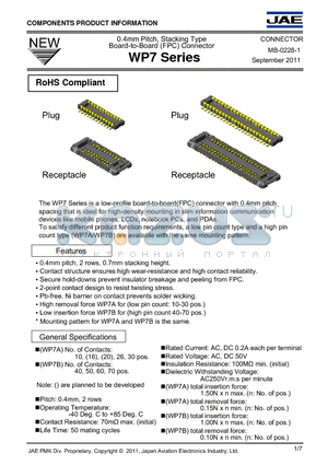WP7 datasheet - 0.4mm Pitch, Stacking Type Board-to-Board (FPC) Connector