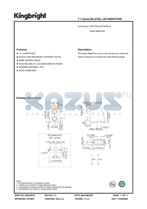 WP7104ALUP-2SRD-0L datasheet - T-1 (3mm) BI-LEVEL LED INDICATOR