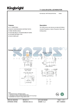 WP7104ALUP-2YD-0L datasheet - T-1 (3mm) BI-LEVEL LED INDICATOR