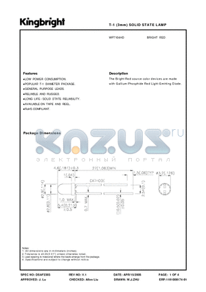WP7104HD datasheet - T-1 (3mm) SOLID STATE LAMP