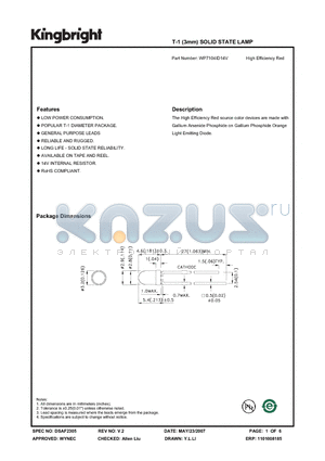 WP7104ID14V datasheet - T-1 (3mm) SOLID STATE LAMP