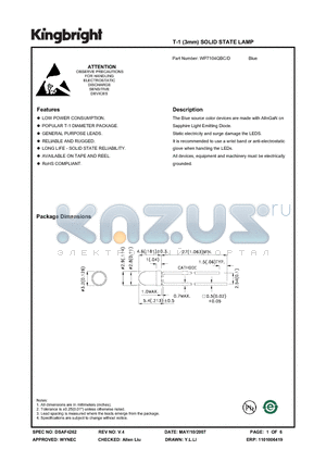 WP7104QBC-D datasheet - T-1 (3mm) SOLID STATE LAMP Blue