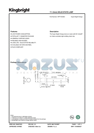 WP7104SEC datasheet - T-1 (3mm) SOLID STATE LAMP Super Bright Orange