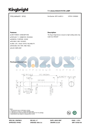 WP7104SEC/J datasheet - T-1 (3mm) SOLID STATE LAMP HYPER ORANGE