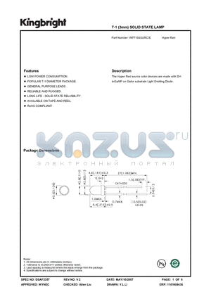 WP7104SURC-E datasheet - T-1 (3mm) SOLID STATE LAMP Hyper Red