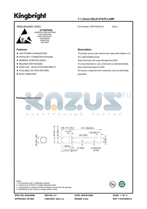 WP7104VGC/A datasheet - T-1 (3mm) SOLID STATE LAMP Green