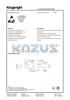 WP7104VGC/Z datasheet - T-1 (3mm) SOLID STATE LAMP GREEN