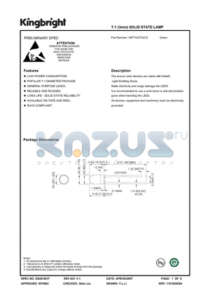 WP7104TGC-Z datasheet - T-1 (3mm) SOLID STATE LAMP Green