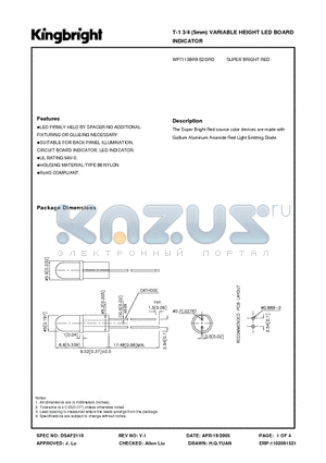 WP7113BR9.52-SRD datasheet - T-1 3/4 (5mm) VARIABLE HEIGHT LED BOARD INDICATOR