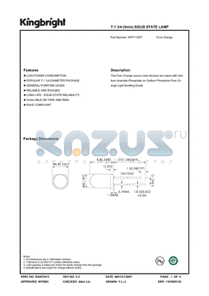 WP7113NT datasheet - T-1 3/4 (5mm) SOLID STATE LAMP Pure Orange