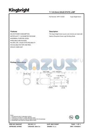 WP7113SGD datasheet - T-1 3/4 (5mm) SOLID STATE LAMP Super Bright Green