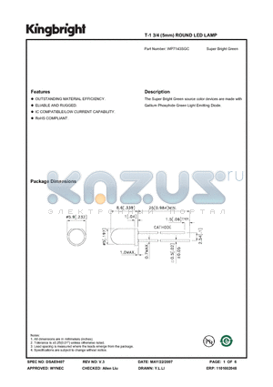 WP7143SGC datasheet - T-1 3/4 (5mm) ROUND LED LAMP