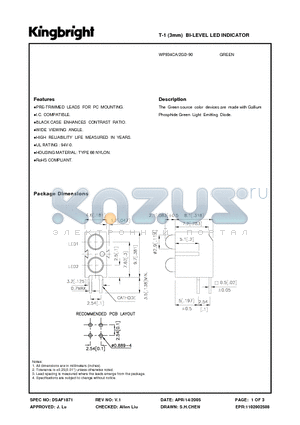 WP934CA/2GD-90 datasheet - T-1 (3mm) BI-LEVEL LED INDICATOR