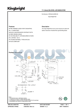 WP934CA/2SRD-90 datasheet - T-1 (3mm) BI-LEVEL LED INDICATOR