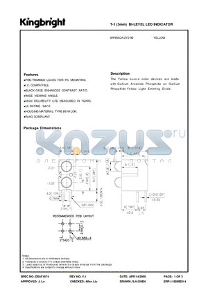 WP934CA/2YD-90 datasheet - T-1 (3mm) BI-LEVEL LED INDICATOR